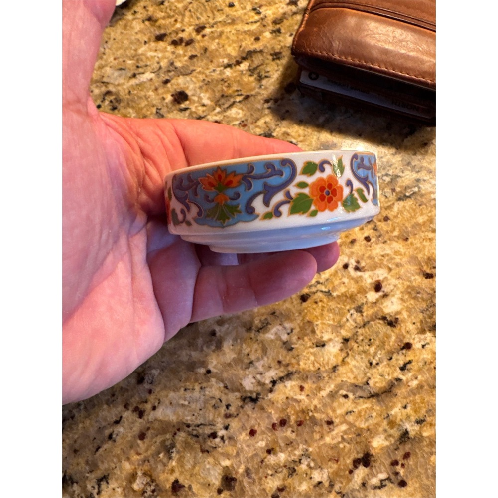 Andrea by Sadek Japan Porcelain Floral Trinket Dish Bowl Blue Orange Gold Trim